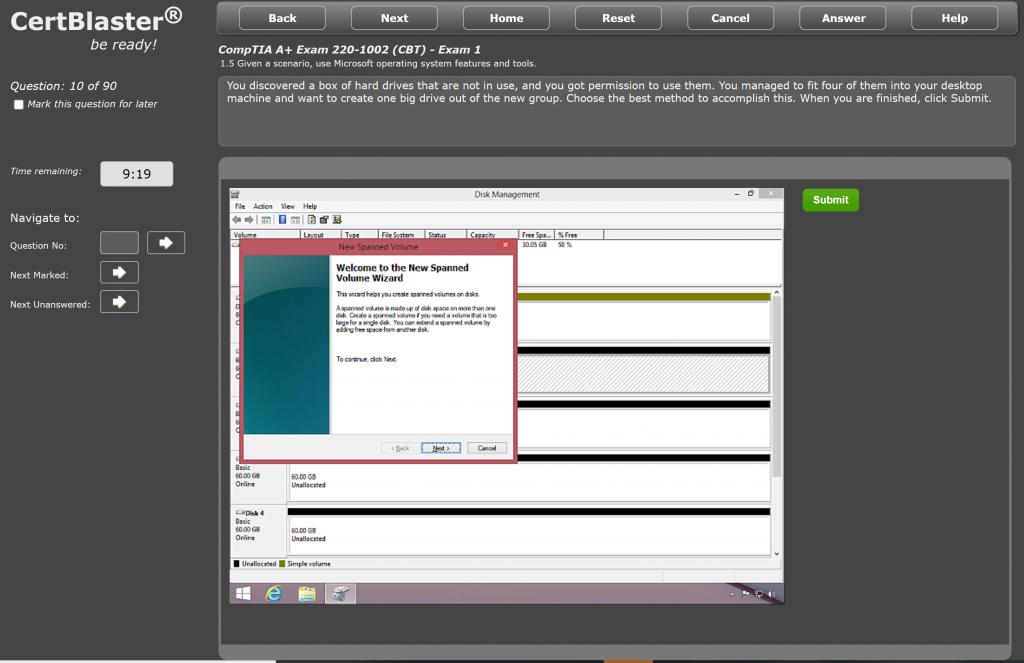 Screenshot of CertBlaster A+ 220-1002 Performance based question showing the Windows disk manager