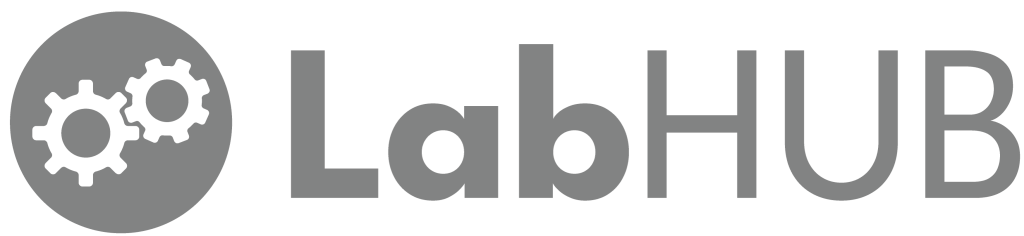 A grey version of the LabHUB logo including the two cogwheels which with the LabHUB text make up the logo.